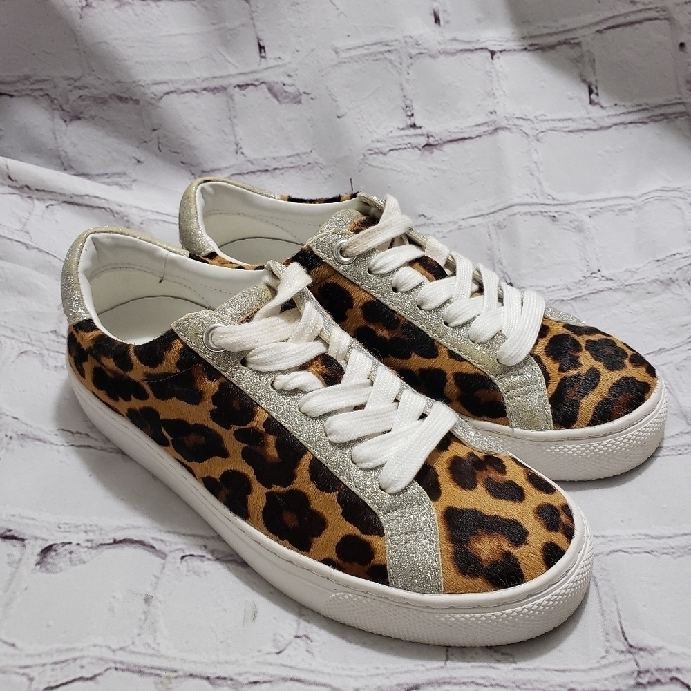 J. Crew Saturday Sneakers Leopard Calf Hair Womens Size 5 Lace Up Leather White